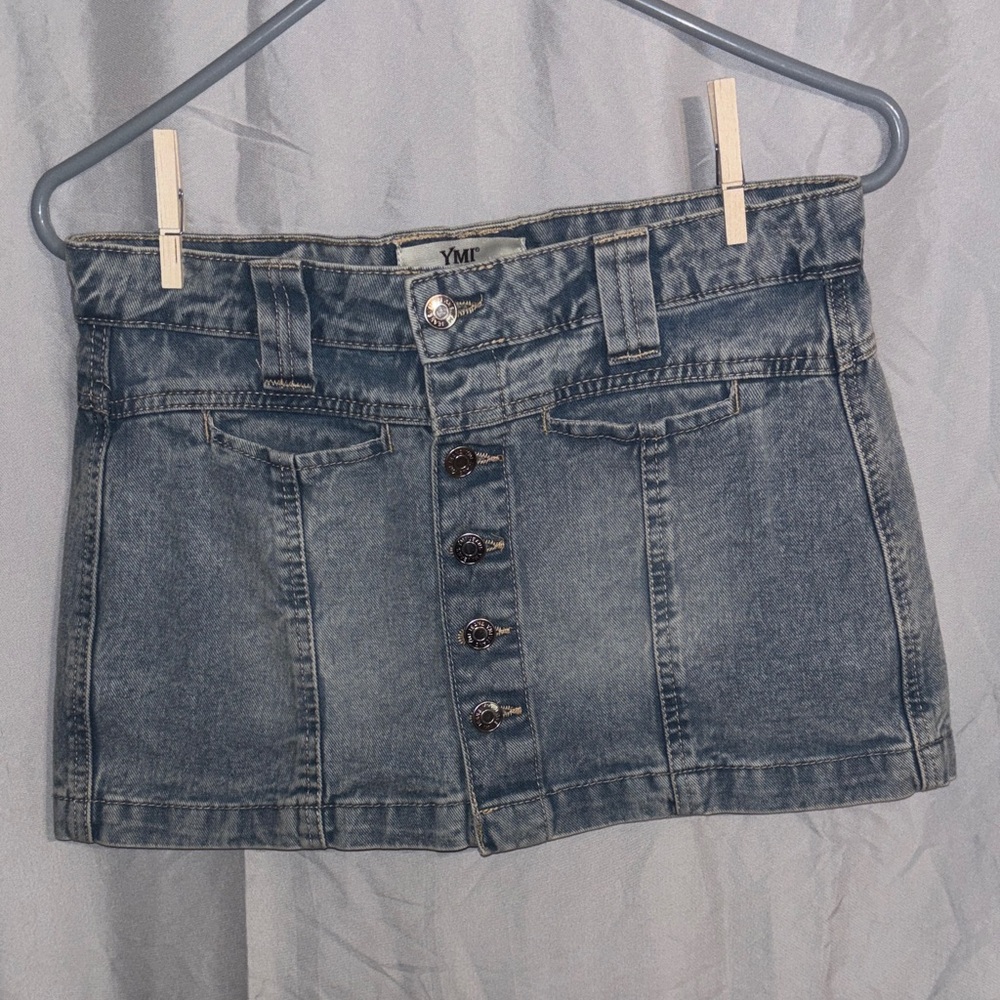 YMI Women's Button-Up Denim Mini Skirt - Blue